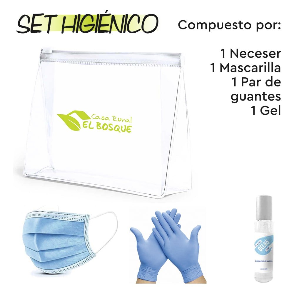 Set higiénico compuesto por un par de guantes, mascarilla y gel hidroalcohólico para manos, en neceser